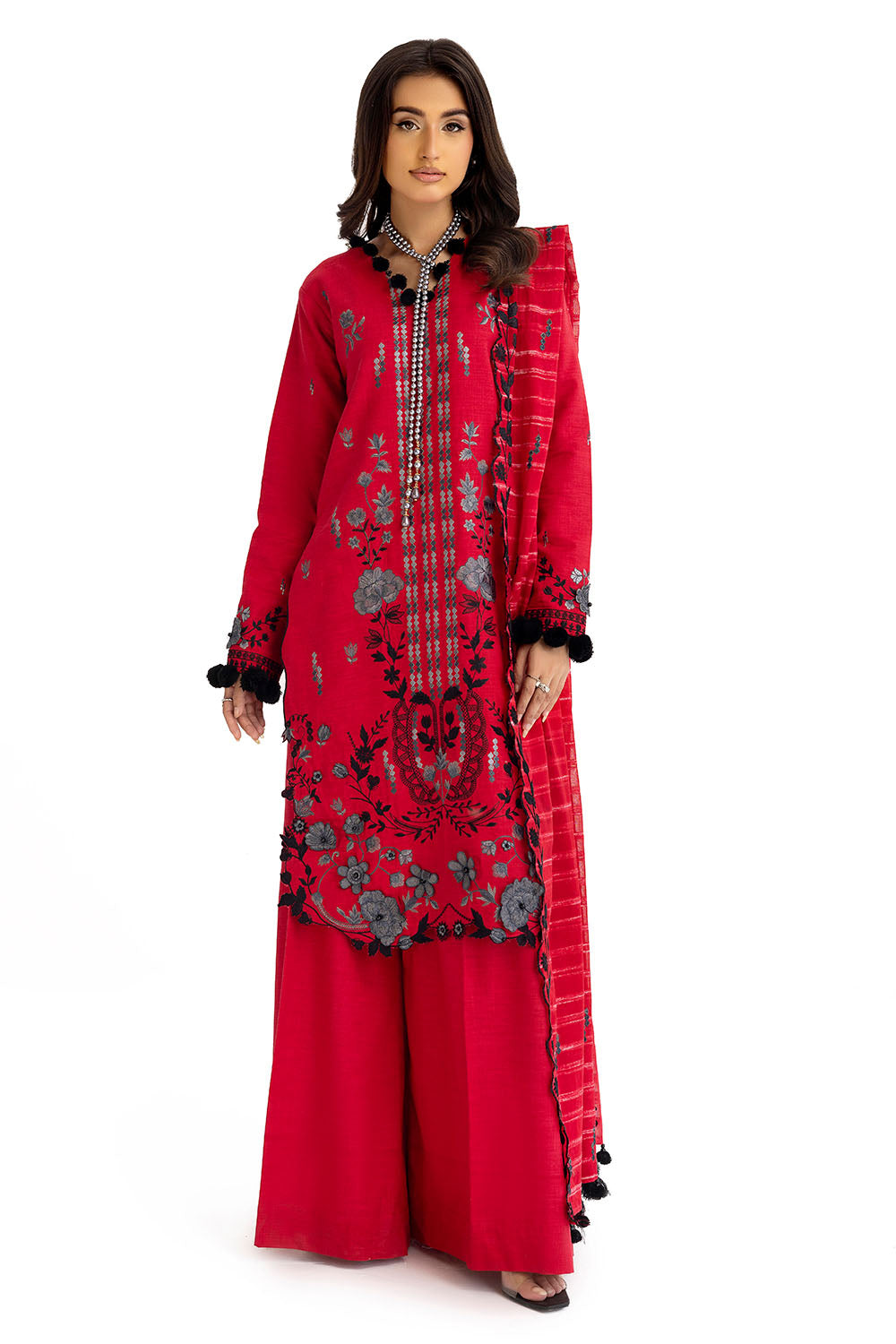 3 Piece Stripe Embroidered Khaddar Suit with Handwork and Lace