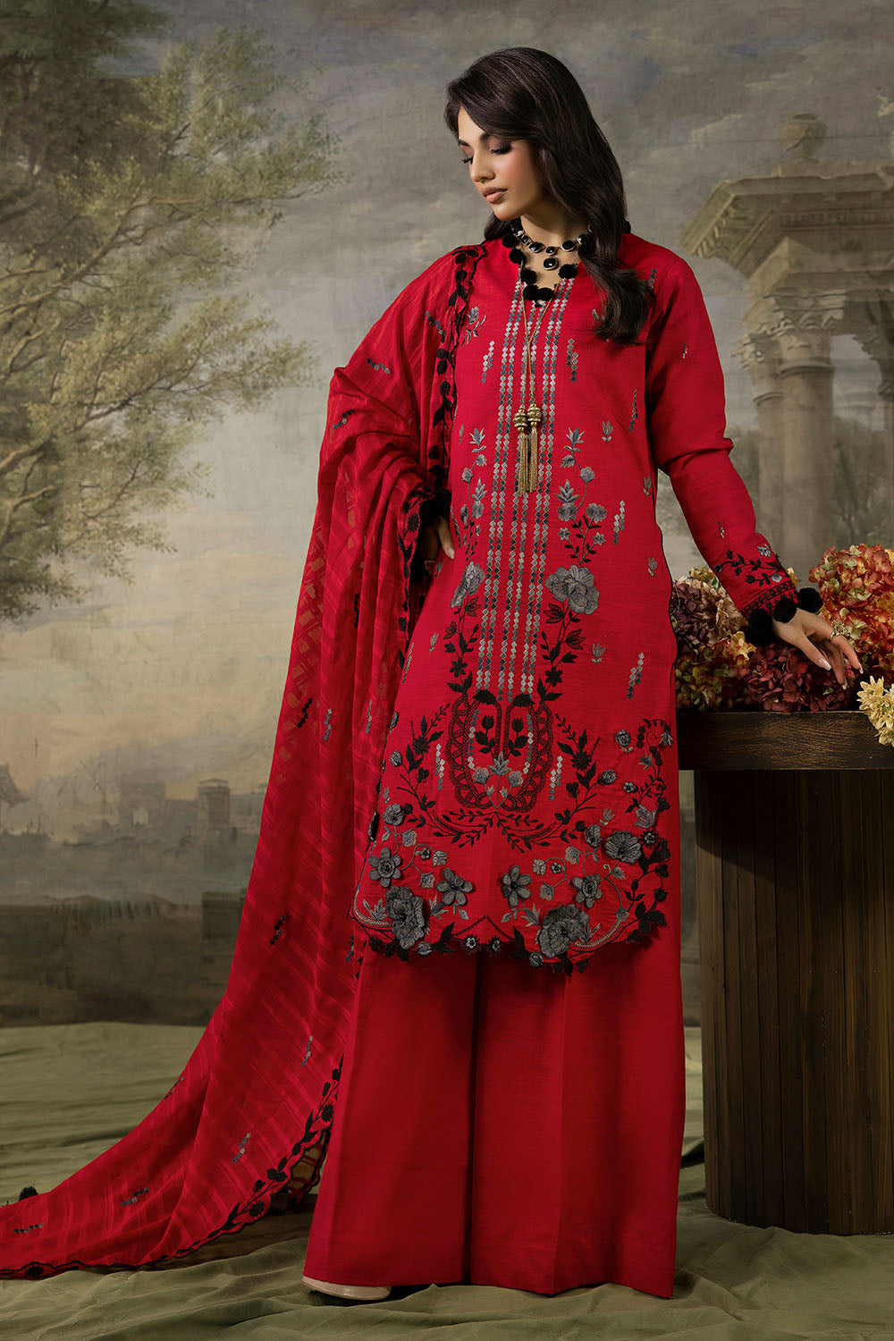 3 Piece Stripe Embroidered Khaddar Suit with Handwork and Lace