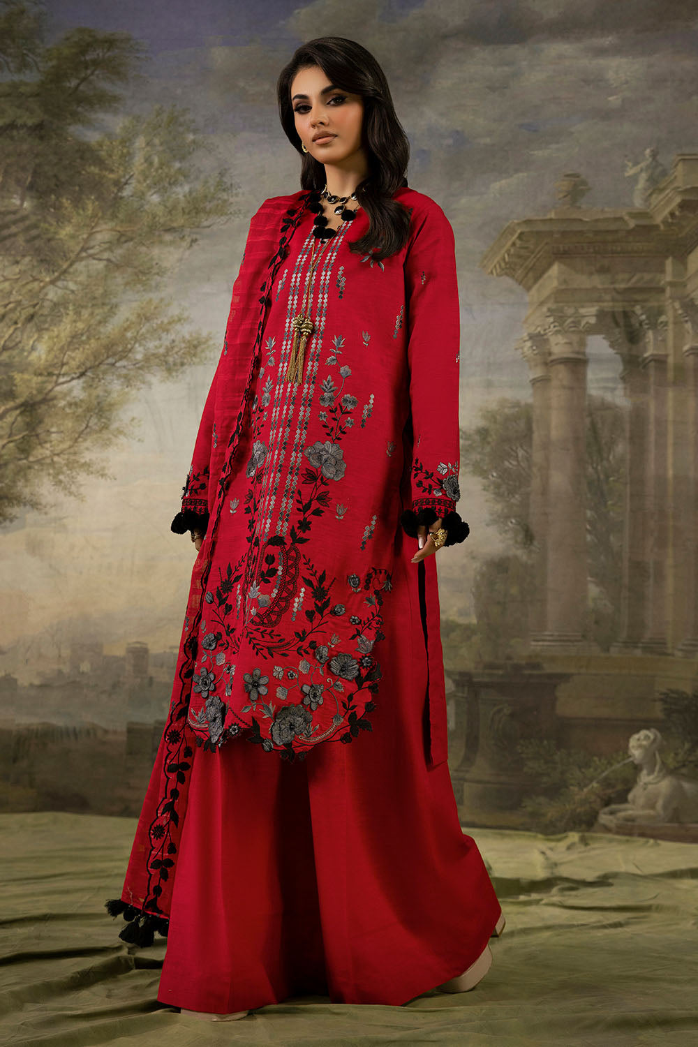 3 Piece Stripe Embroidered Khaddar Suit with Handwork and Lace