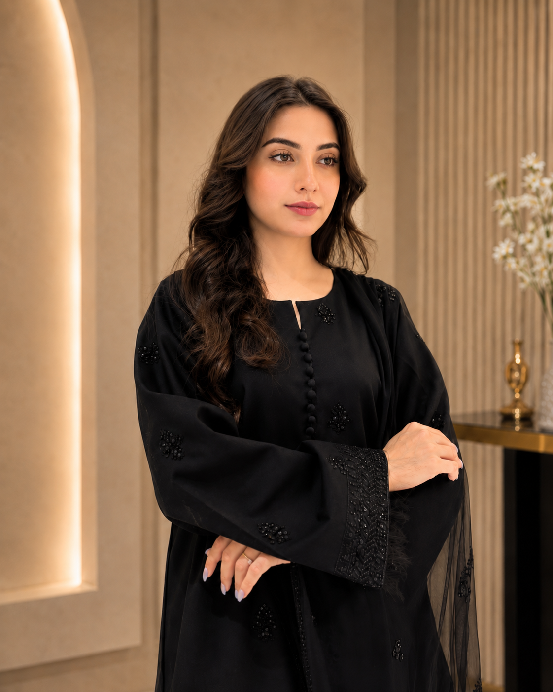Shab-e-Noor - Black 3 Piece Stitched Suit with black  Sequence Work | Luxury Pret
