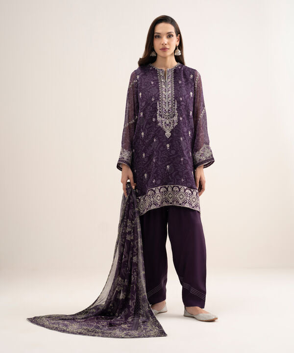 3 Piece - Embroidered Chiffon Suit