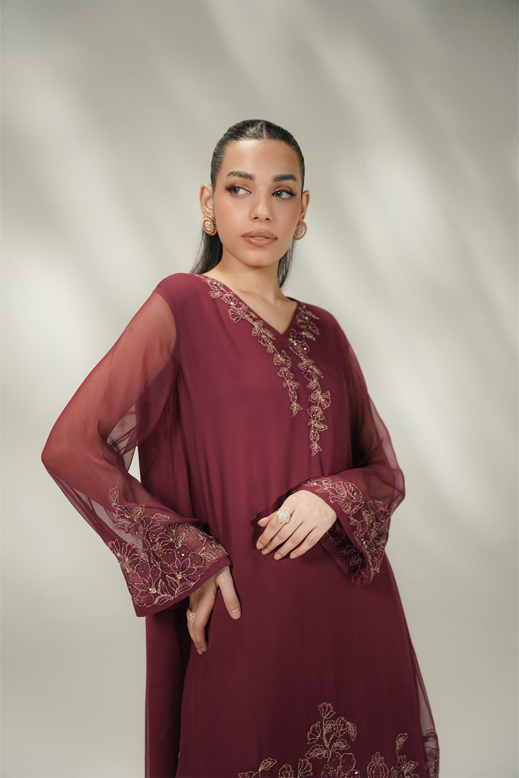 2 Piece Chiffon Embroidered Suit (FL0245)