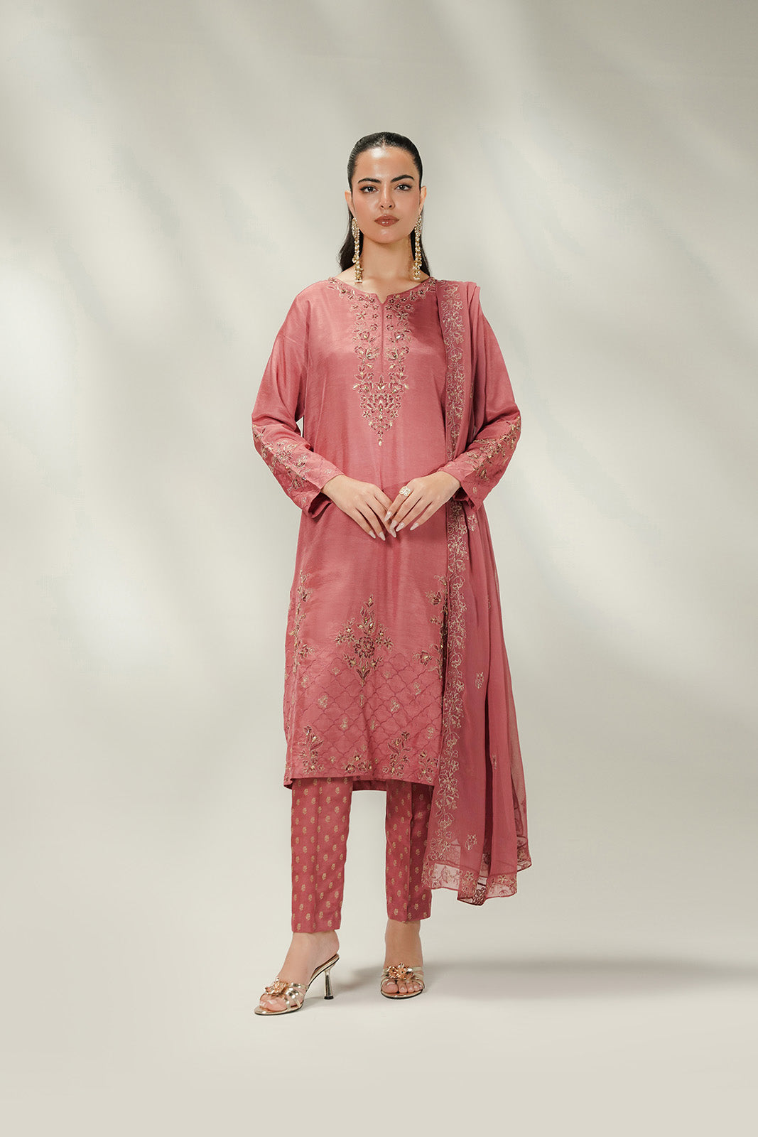 3 Piece Printed Korean Rawsilk Embroidered Suit (FL0246)