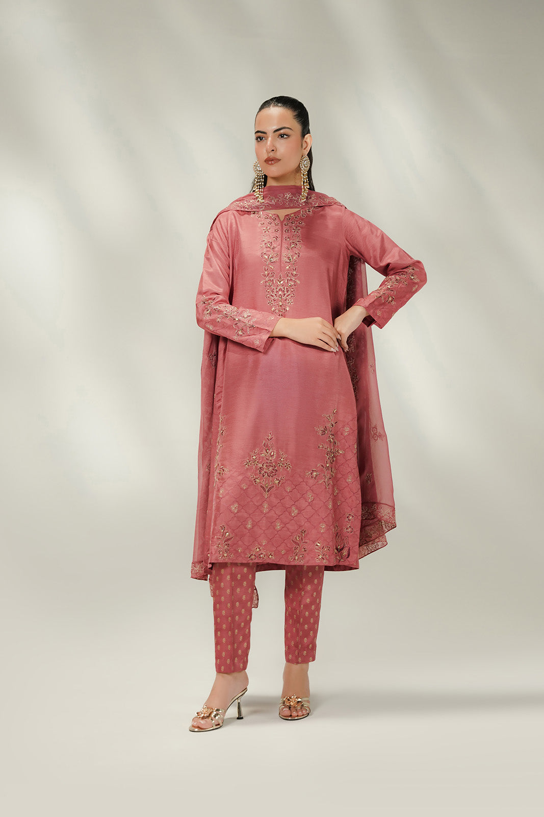 3 Piece Printed Korean Rawsilk Embroidered Suit (FL0246)
