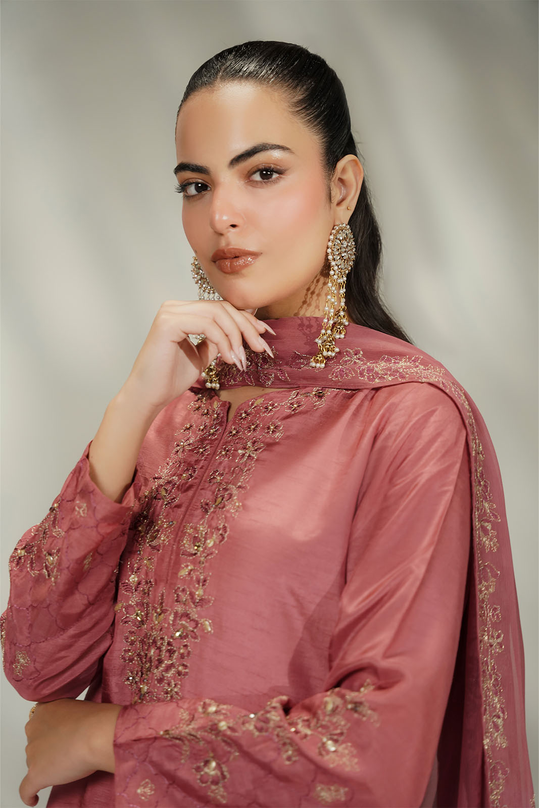 3 Piece Printed Korean Rawsilk Embroidered Suit (FL0246)