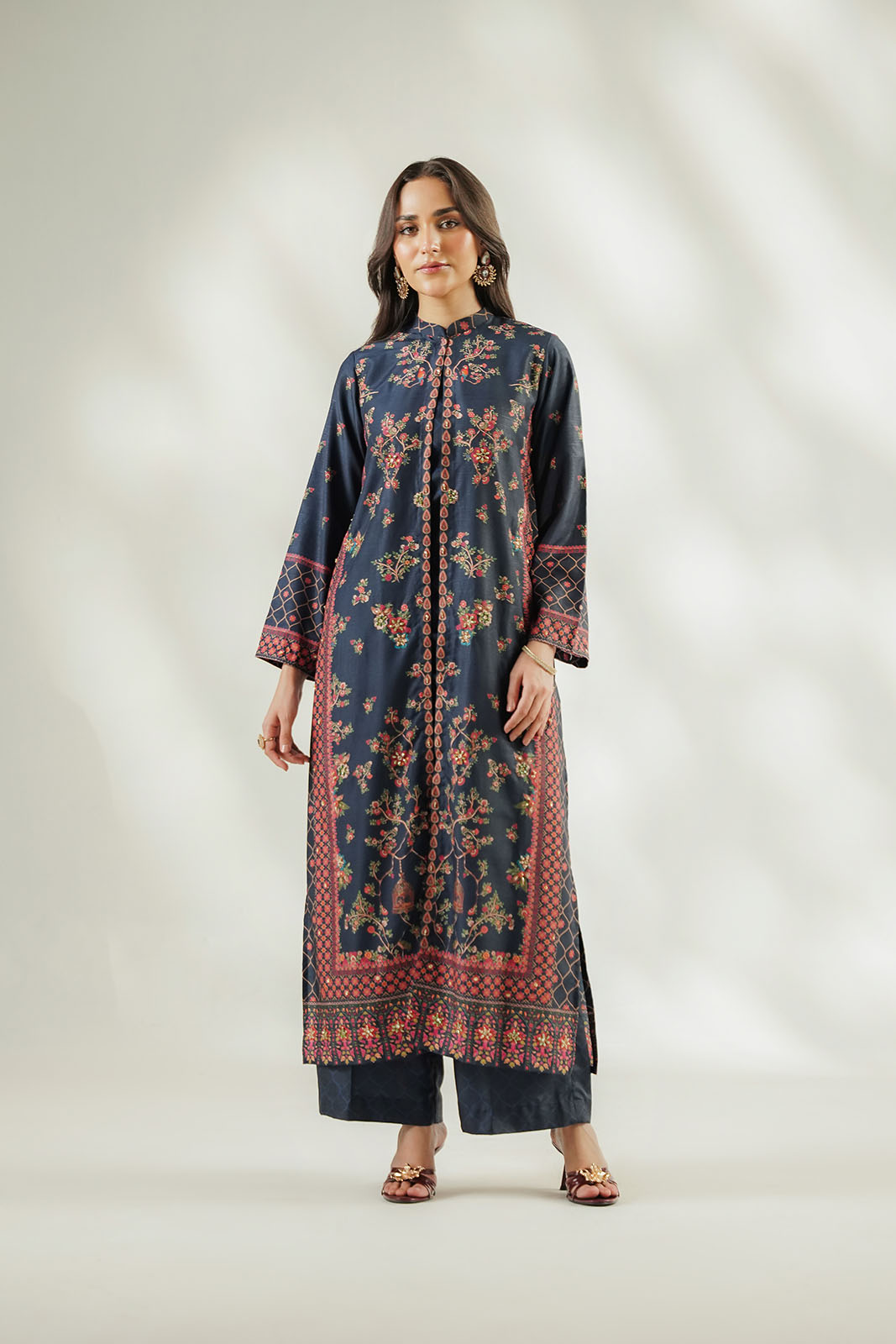 3 Piece Printed Raw Silk Embroidered Suit (FL0260)