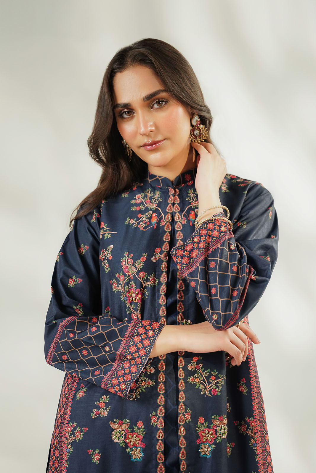3 Piece Printed Raw Silk Embroidered Suit (FL0260)