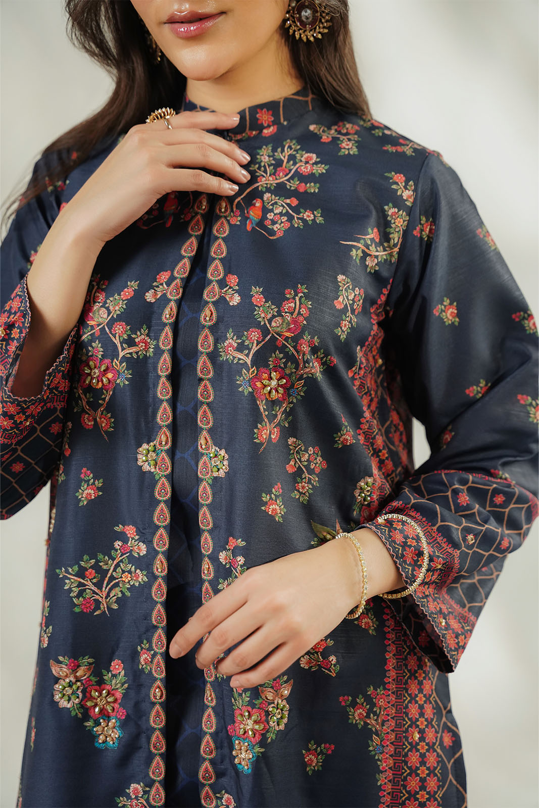 3 Piece Printed Raw Silk Embroidered Suit (FL0260)