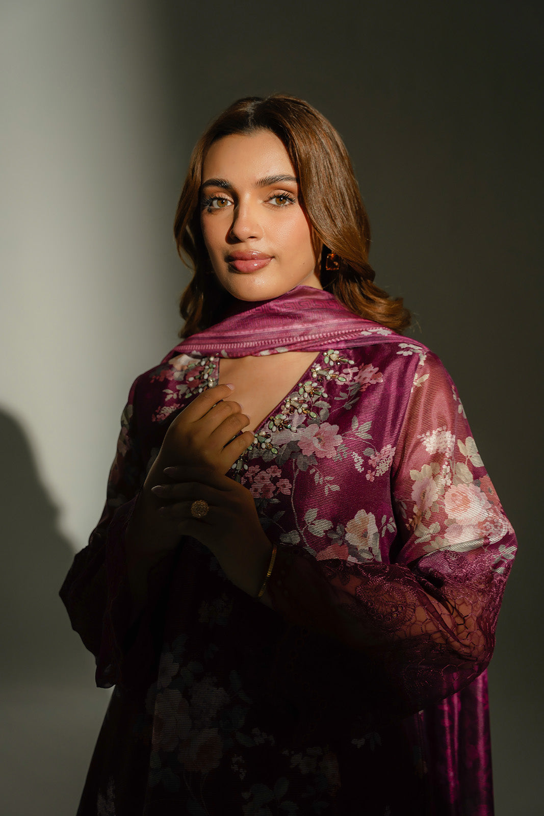 3 Piece Net Print Embroidered Suit (FS0140)