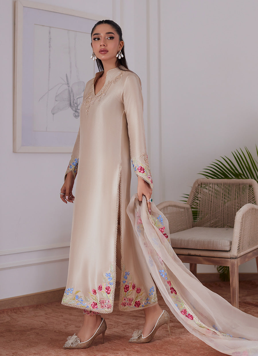 Liara Sand Embroidered Rawsilk Shirt And Dupatta with Pants