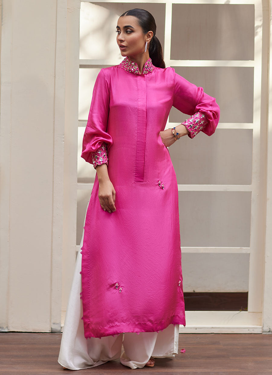 Vanka Fuschia Raw Silk Shirt And Dupatta