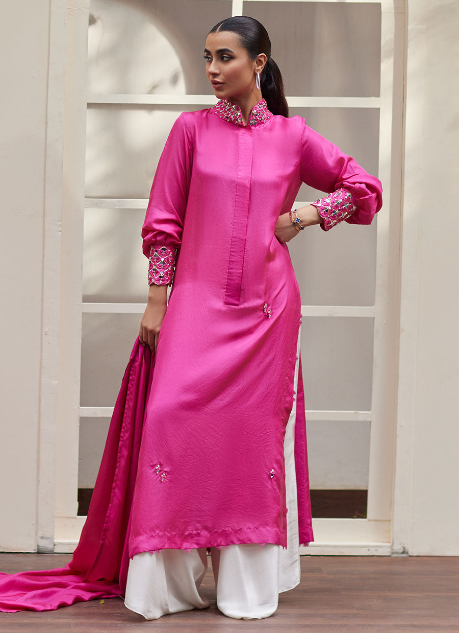 Vanka Fuschia Raw Silk Shirt And Dupatta