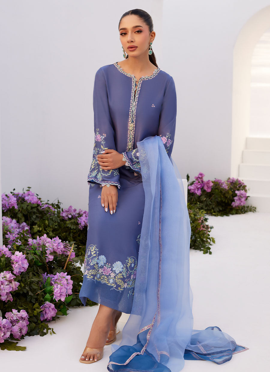 Alo Blue Embroidered Shirt and Dupatta - FTA-ZLP24-01