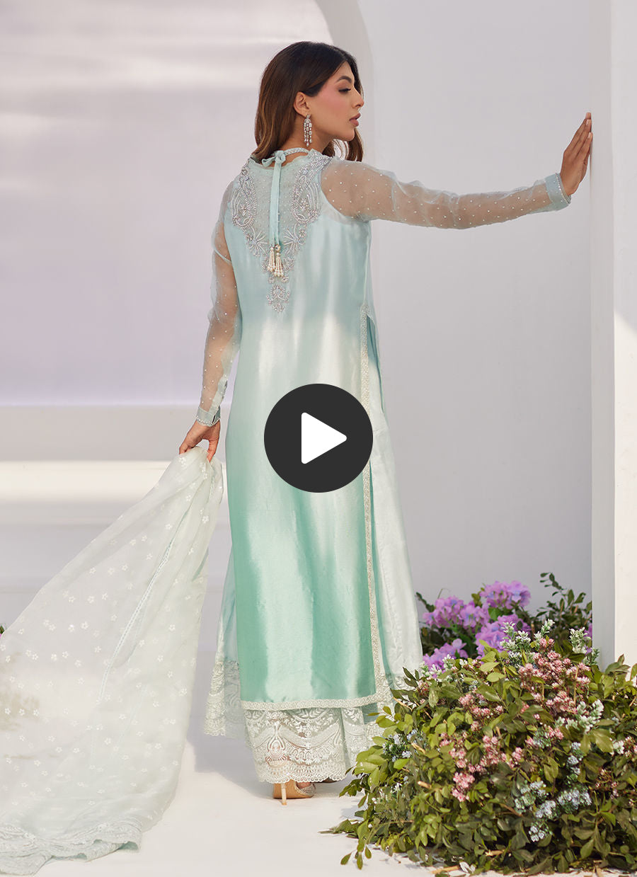 Solene Aqua Ombre Embellished Column Shirt With Embroidered Kalidaar Slip
