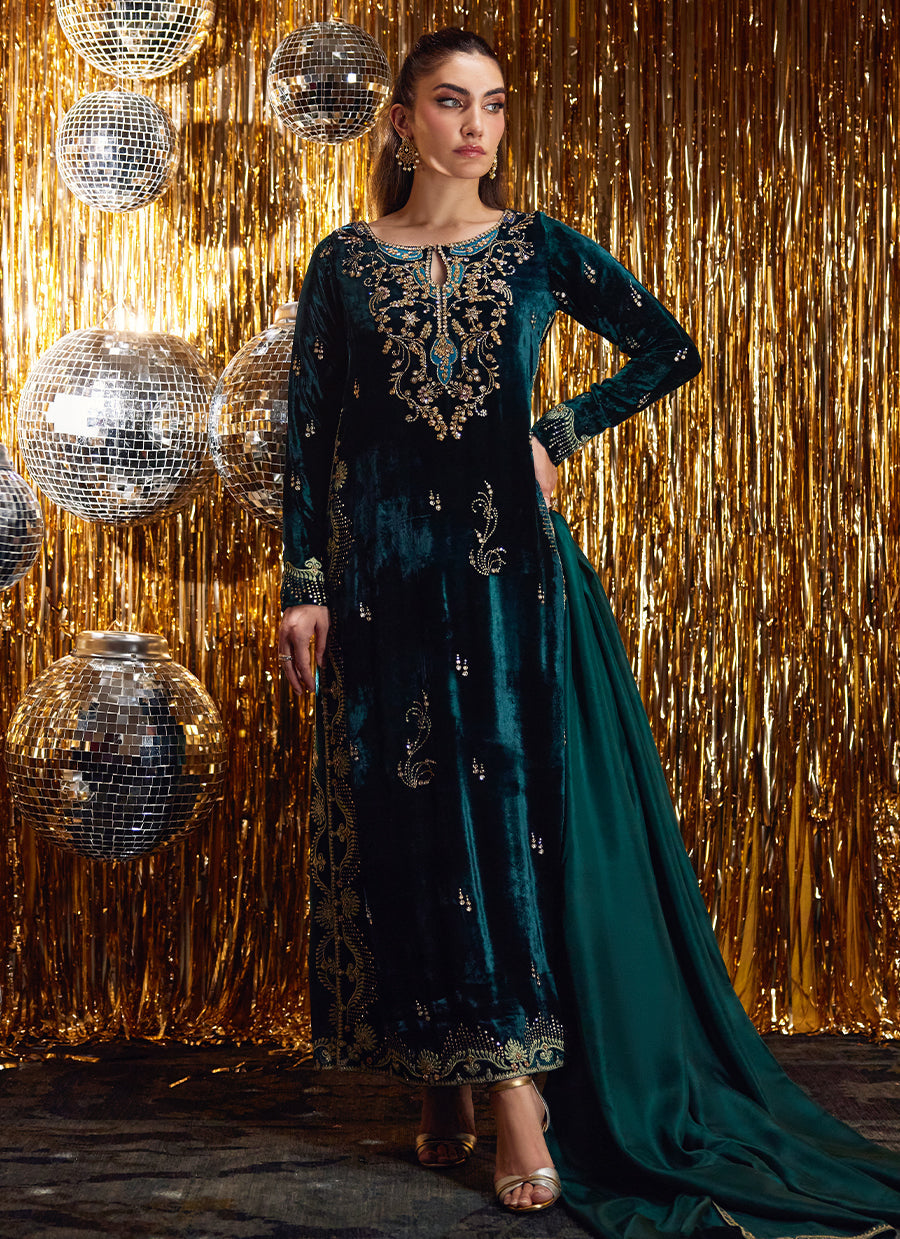 Gleen Forest Green Velvet Shirt And Dupatta - FTAVF25-14