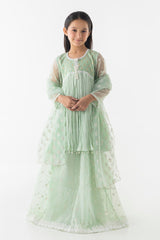 Stitched Kids Light Green Printed Frock + Lehnga + Dupatta
