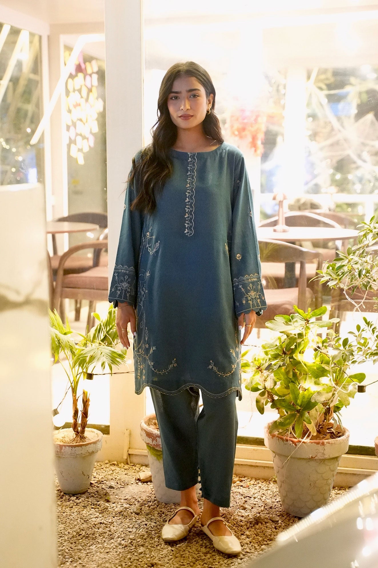 FW25DC-2884 TURQUOISE BLUE 2PCS  EMBROIDERED KURTA WITH TROUSER