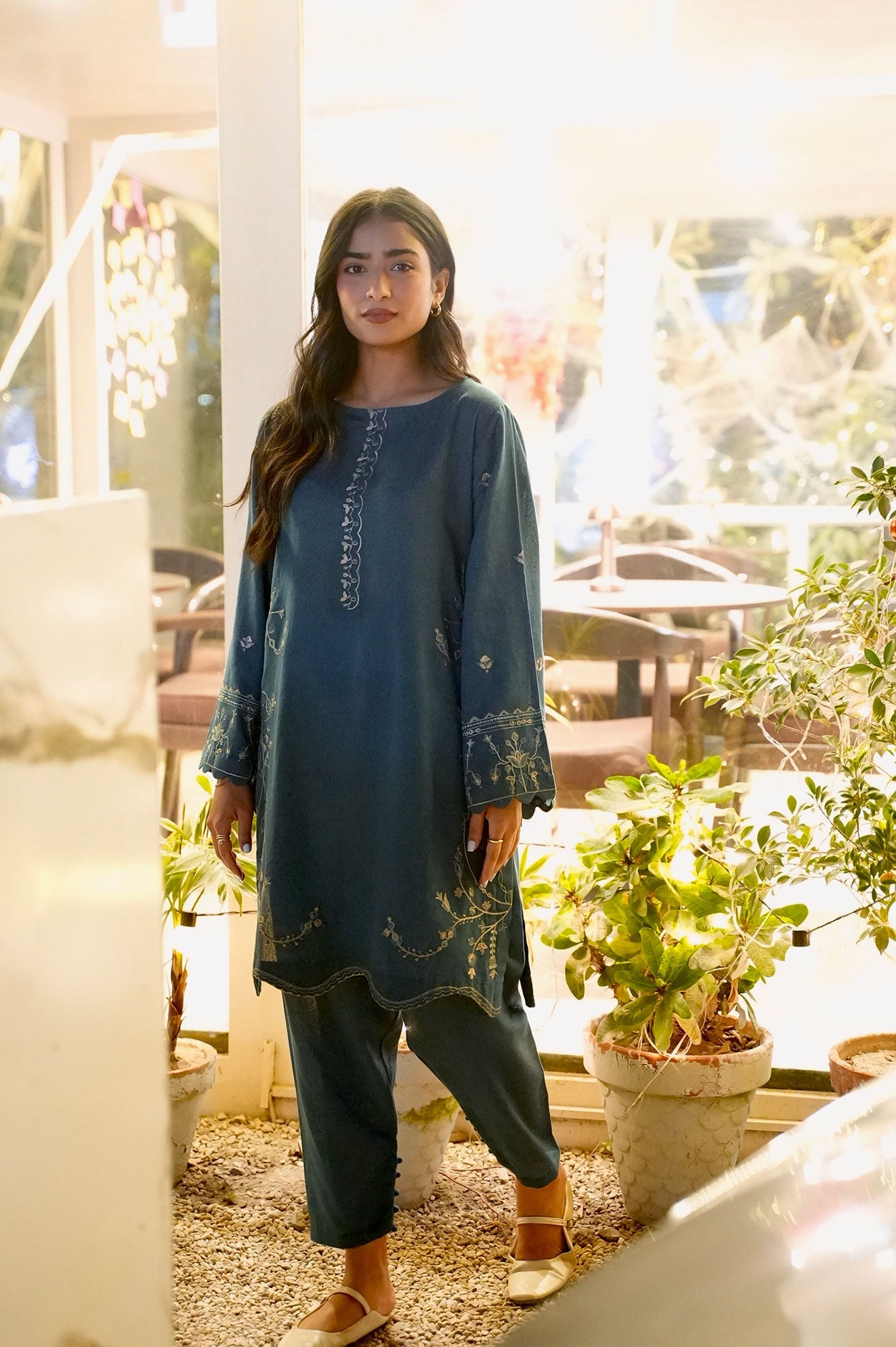 FW25DC-2884 TURQUOISE BLUE 2PCS  EMBROIDERED KURTA WITH TROUSER