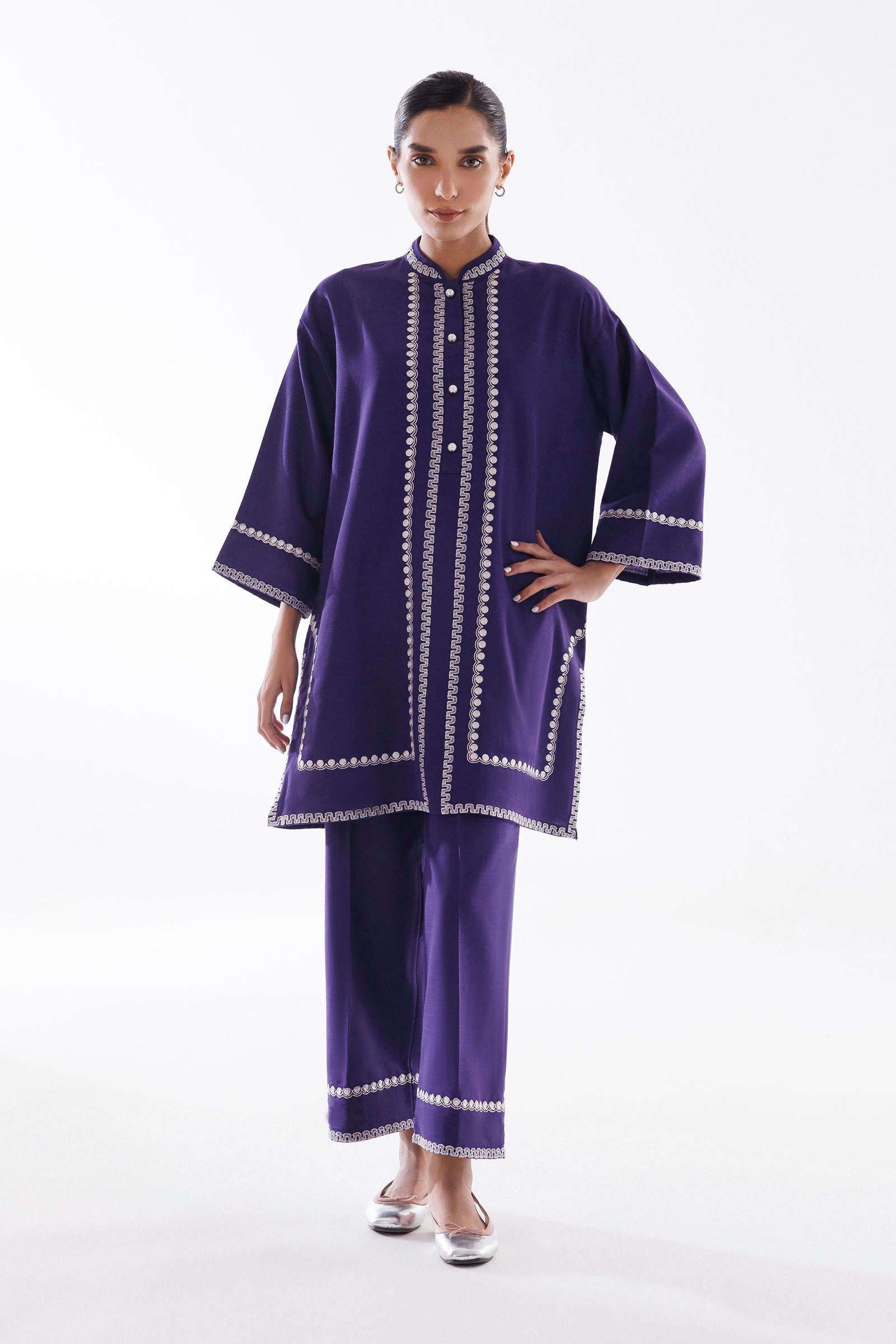 Stitched Embroidered Khaddar Shirt + Culotte