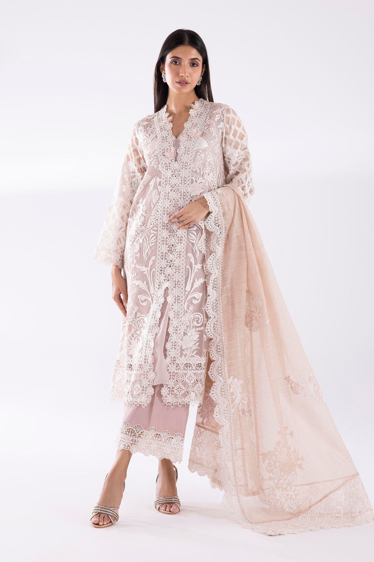 Stitched Embroidered Organza Jacquard Suit