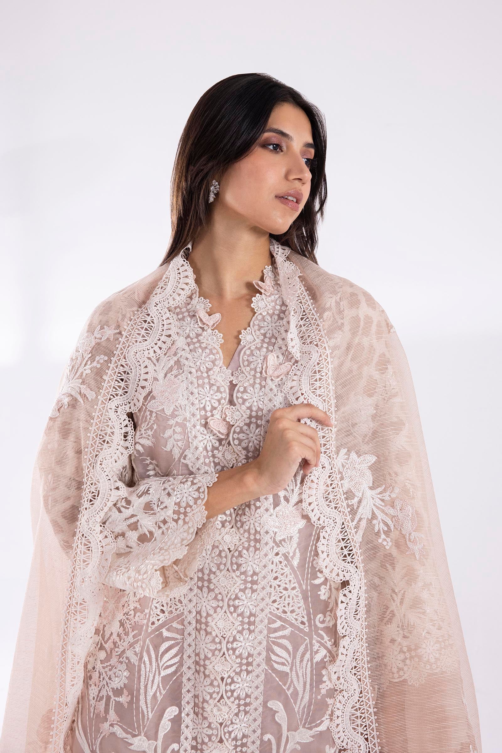 Stitched Embroidered Organza Jacquard Suit