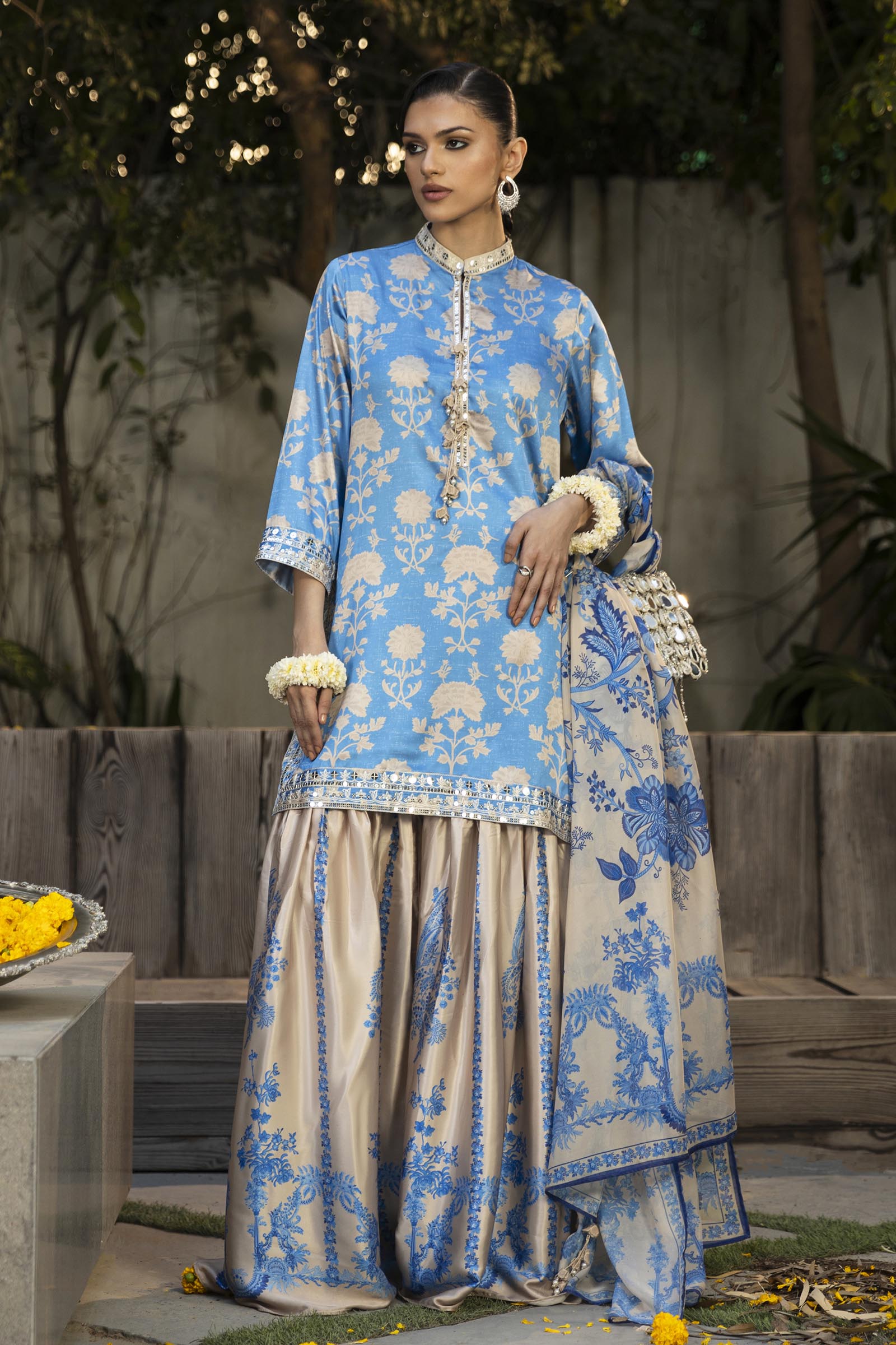Stitched Embroidered Satin Shirt + Gharara + Dupatta