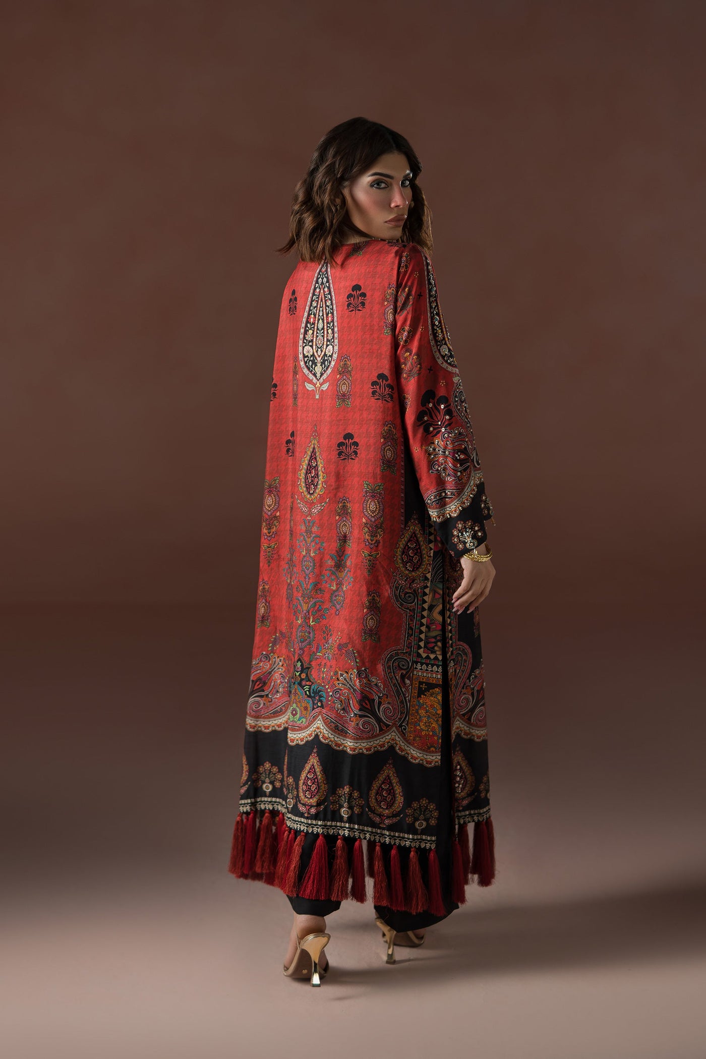 Modern Mughal Long Black And Rust Tassel Kaftan Set (D-02)