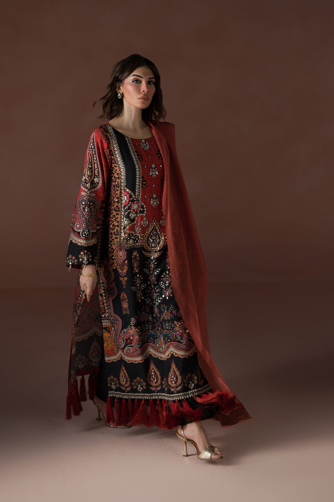 Modern Mughal Long Black And Rust Tassel Kaftan Set (D-02)