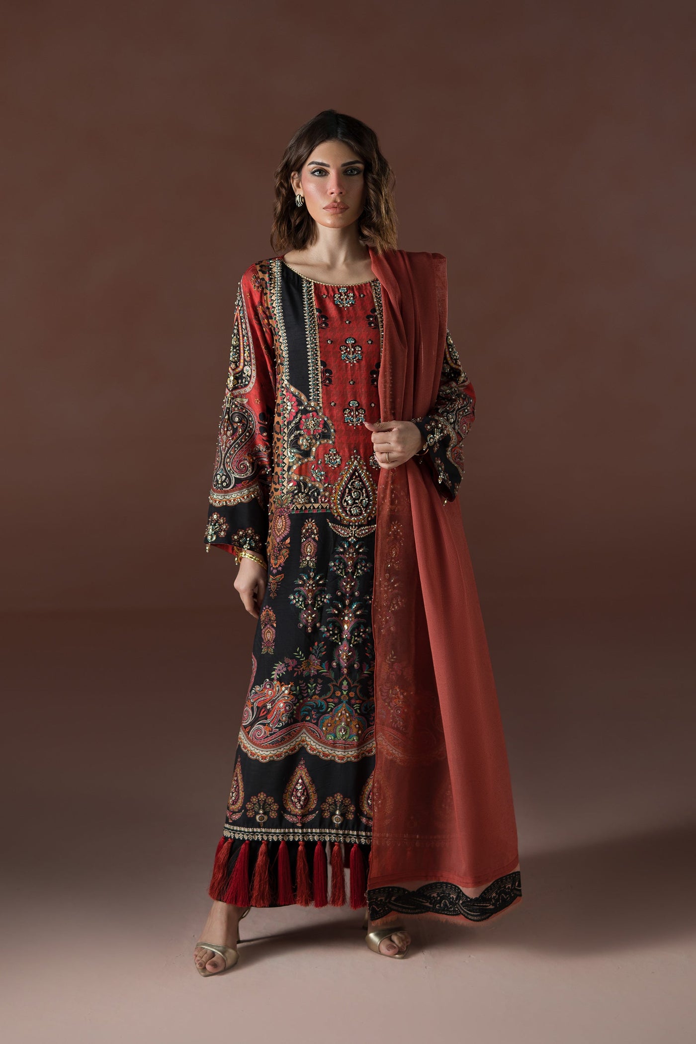 Modern Mughal Long Black And Rust Tassel Kaftan Set (D-02)