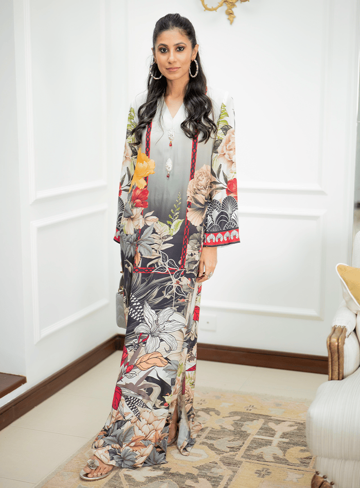 Floral Printed Kaftan with Embellished Buttons