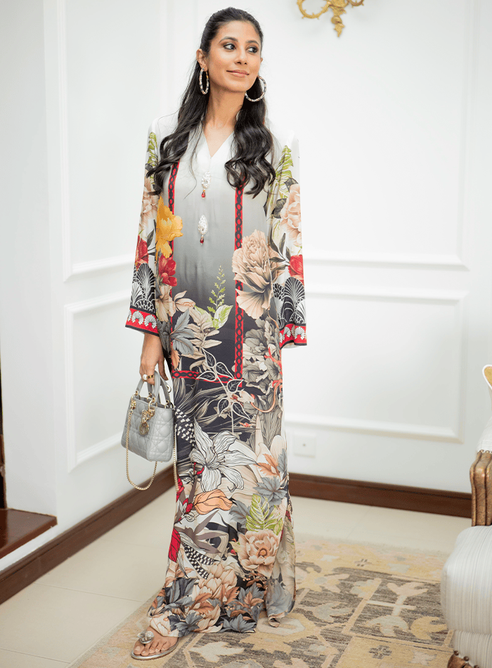 Floral Printed Kaftan with Embellished Buttons