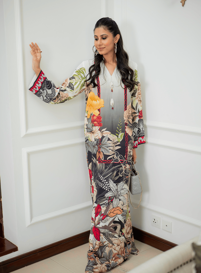 Floral Printed Kaftan with Embellished Buttons