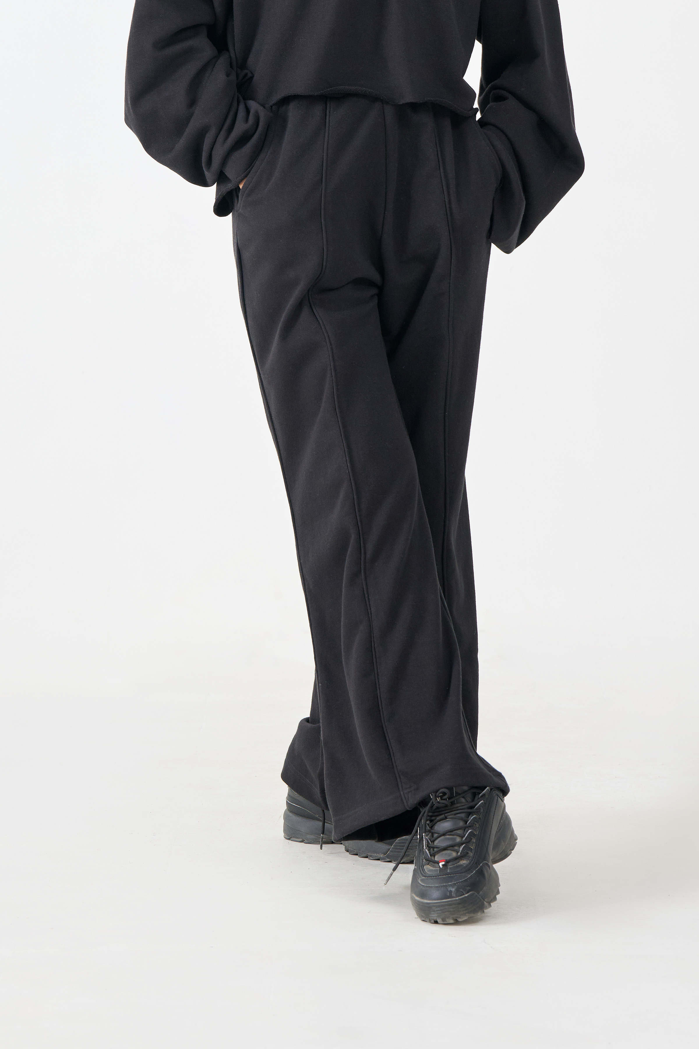 French Terry Wide-Leg Seam Trousers (Black)