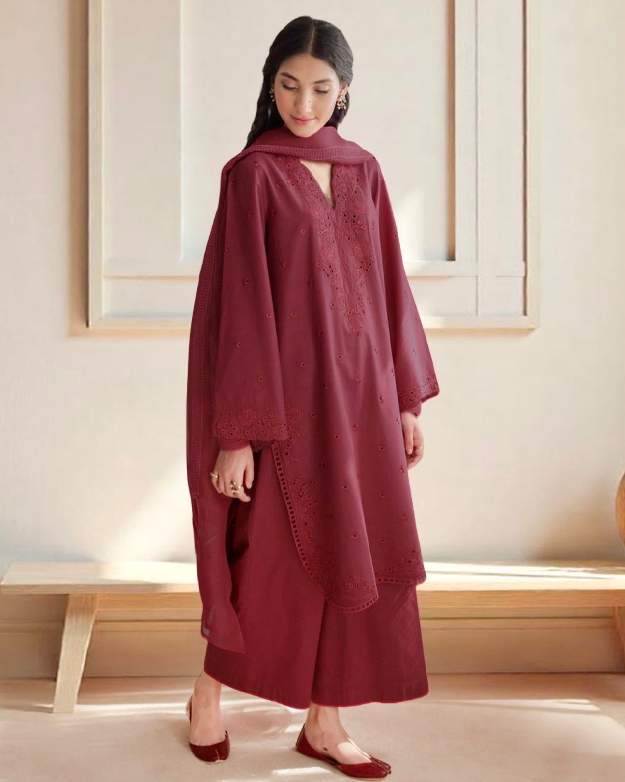 Maroon Elegance – Luxury Embroidered Suit for Women