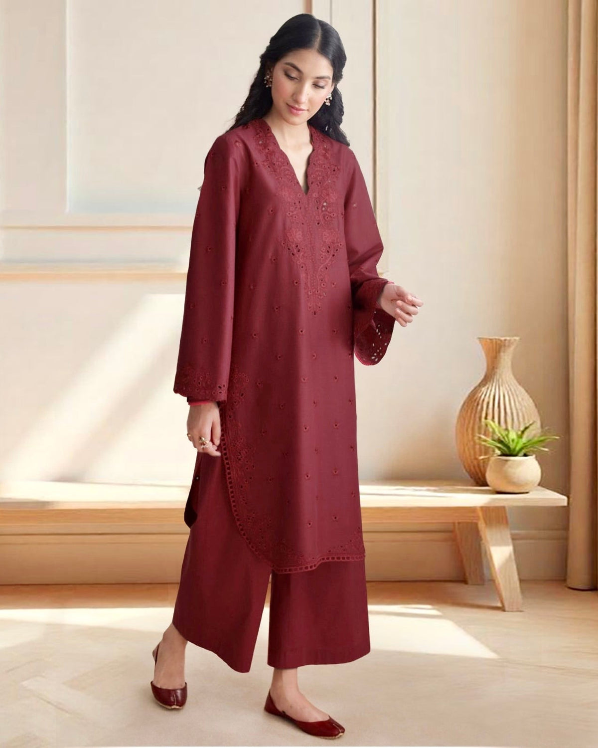 Maroon Elegance – Luxury Embroidered Suit for Women