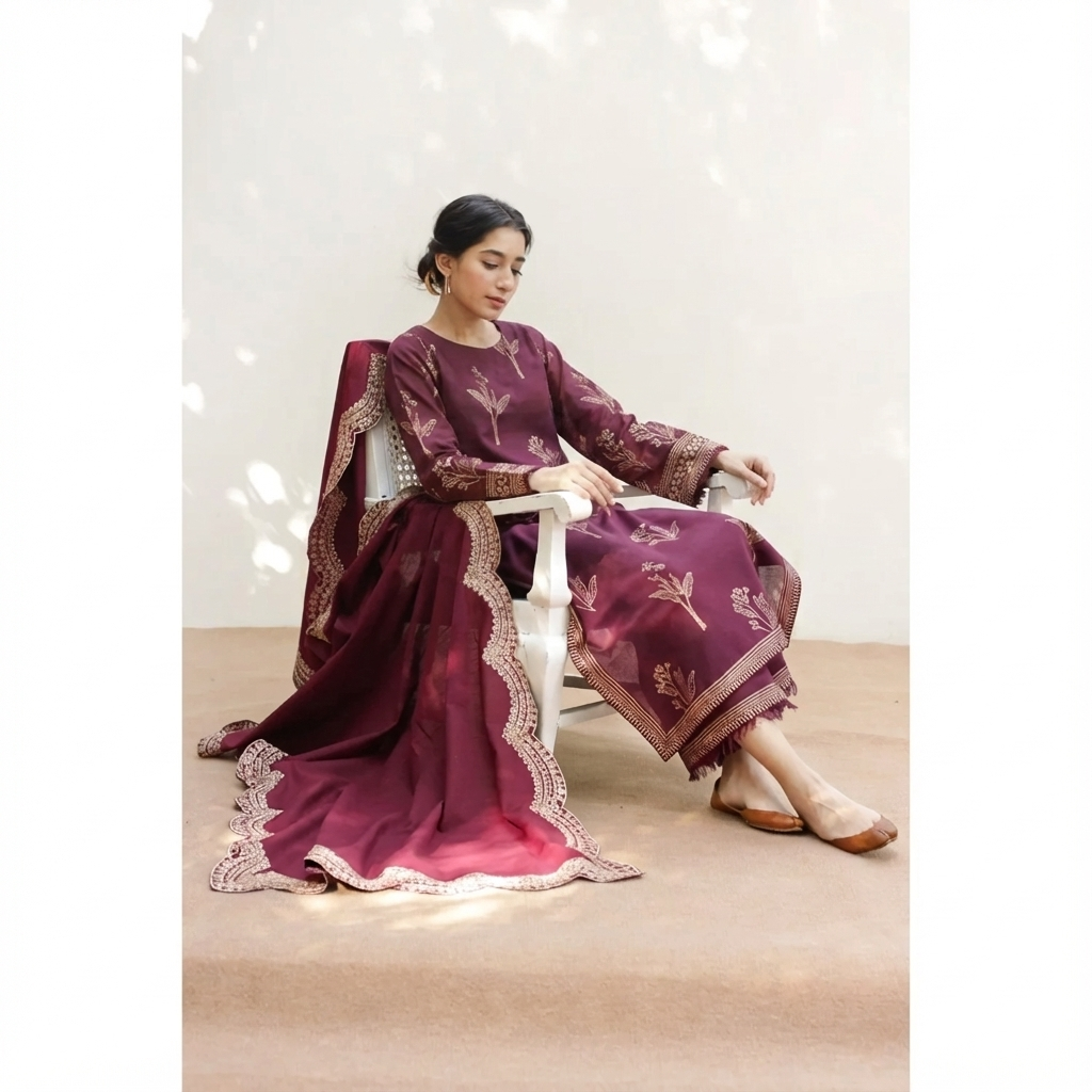 Mahroon Aura Suit | Full Sleeve Lawn 3 Piece Stitched