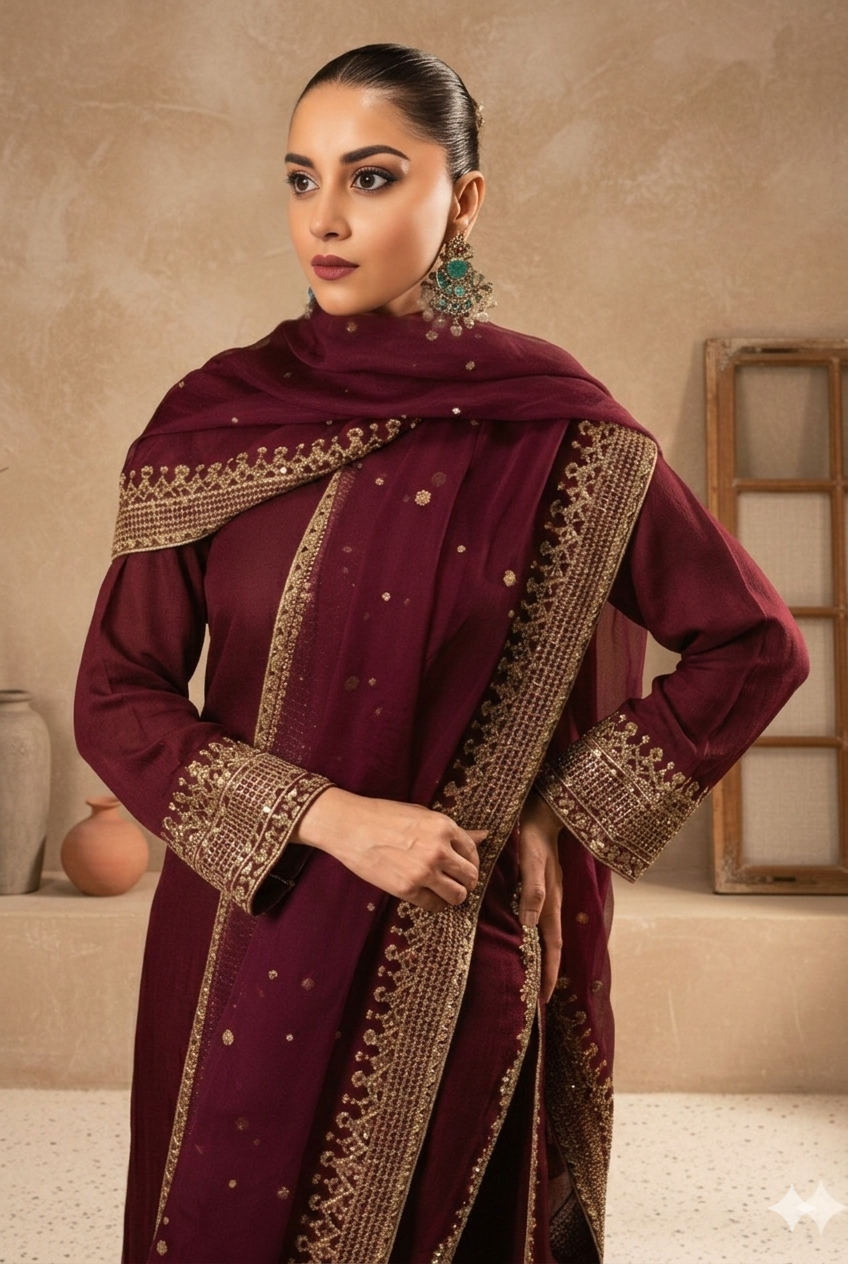 Maroon Pearl Lawn Suit | Tila Sequin Embroidered 3 Piece with Chiffon Dupatta