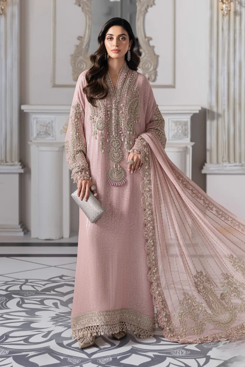 Maria.B Luxury Pure Chiffon Embroidered Unstitched 3 Piece - BD-3005 Baby Pink