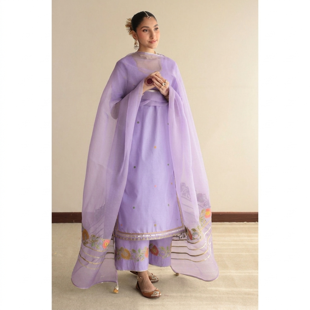 Lilac Pret Lawn Suit – Soft Lilac Dhaga Embroidery Dress