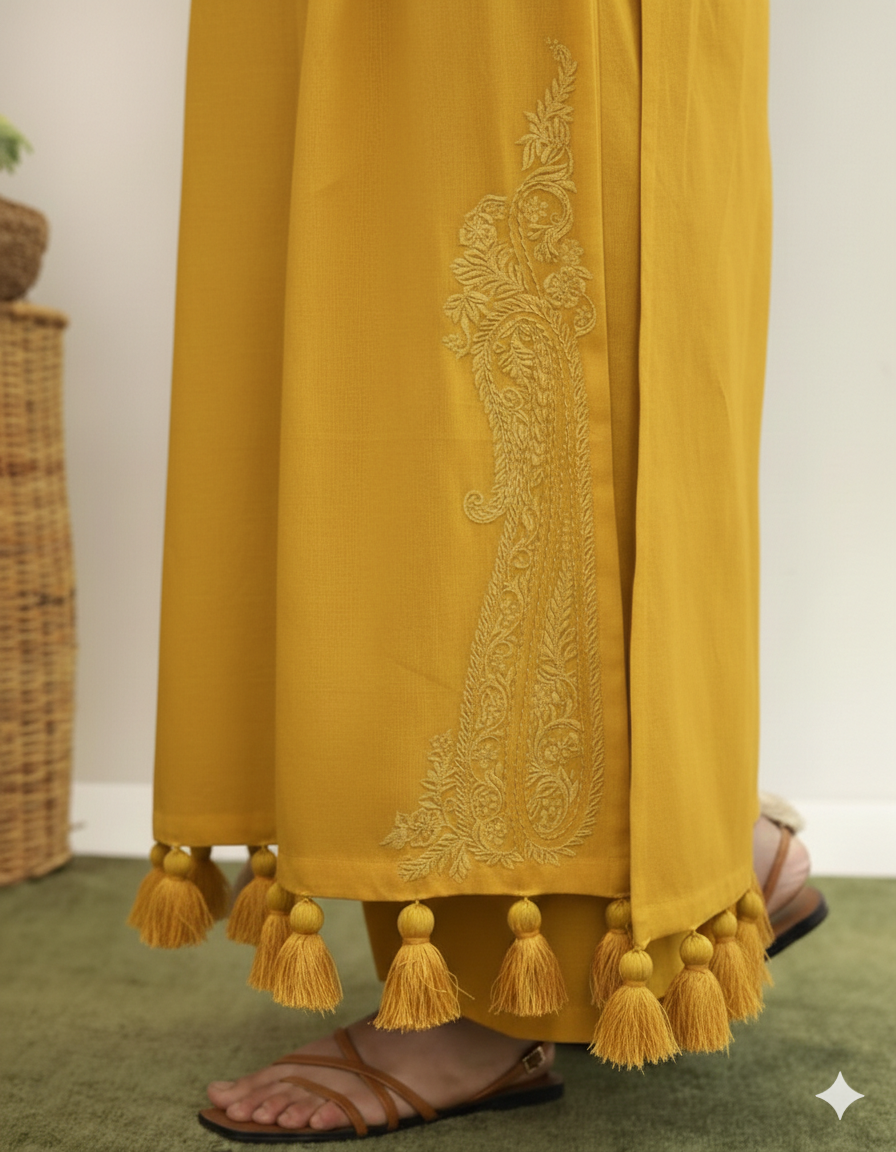 Golden Glow Lawn Suit | Chiffon Dupatta 3 Piece Dress