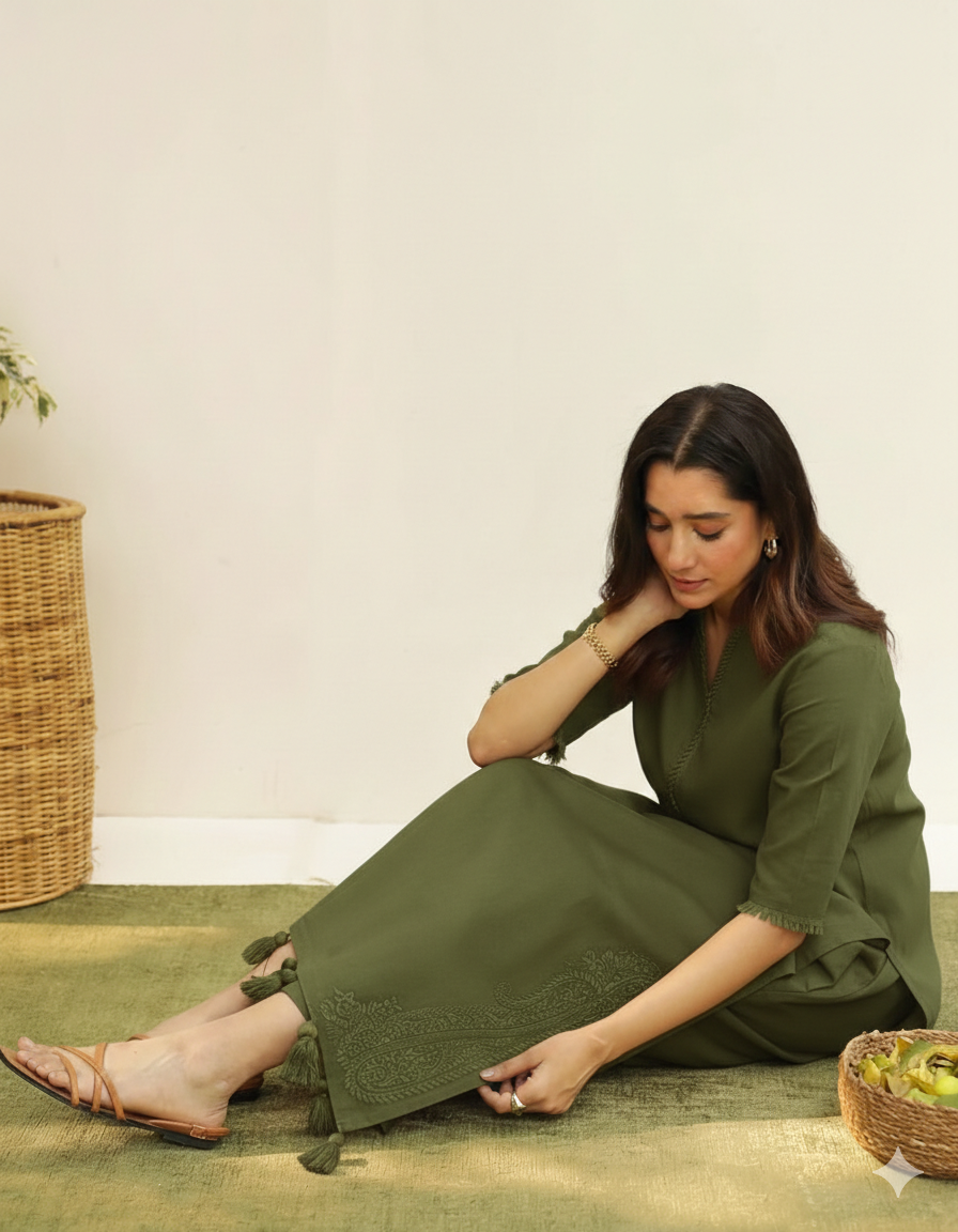 Olive Glow Lawn Suit | Chiffon Dupatta 3 Piece Dress