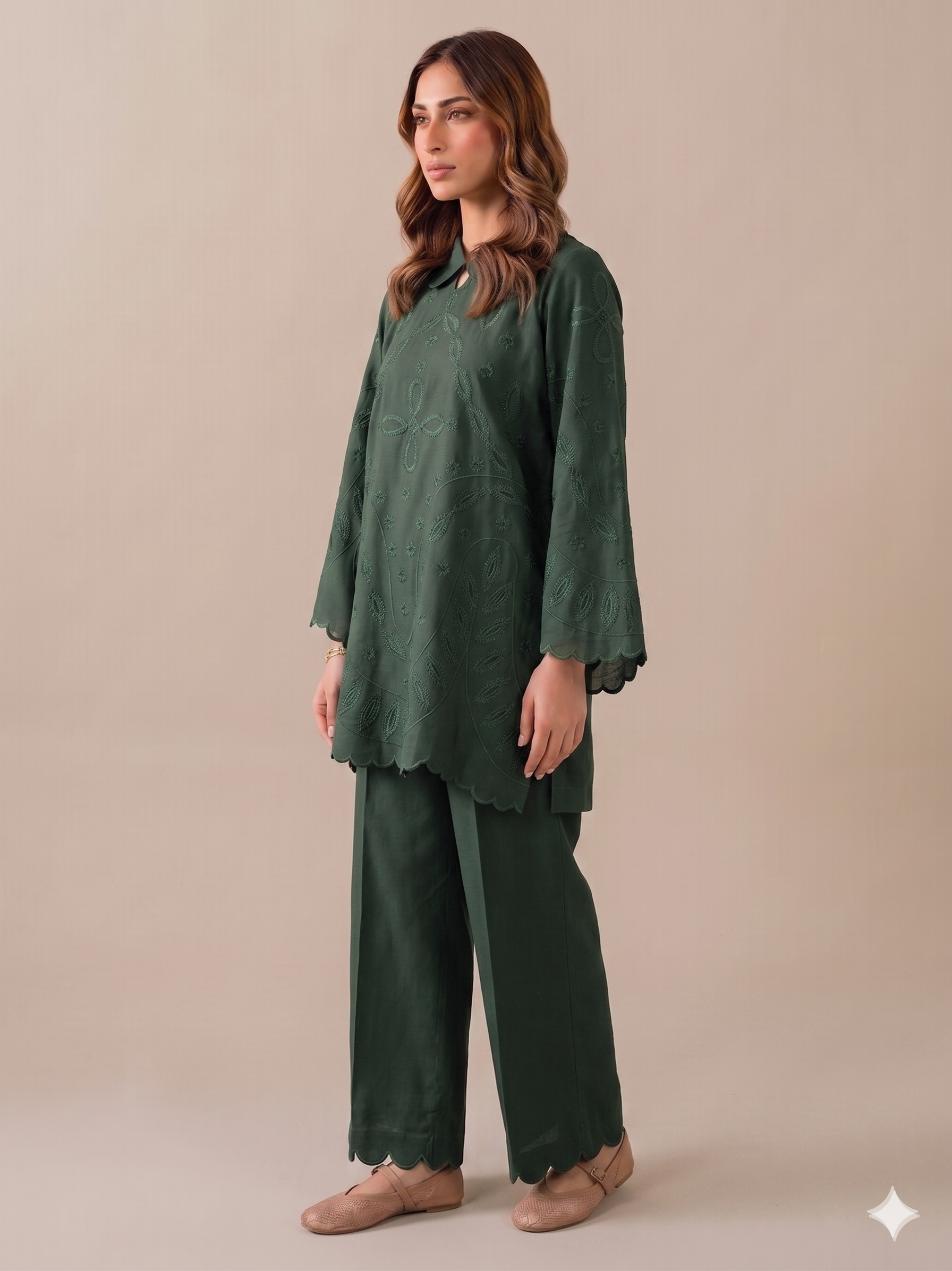 INDIGO - 2Pc Embroidered Set Bottle Green