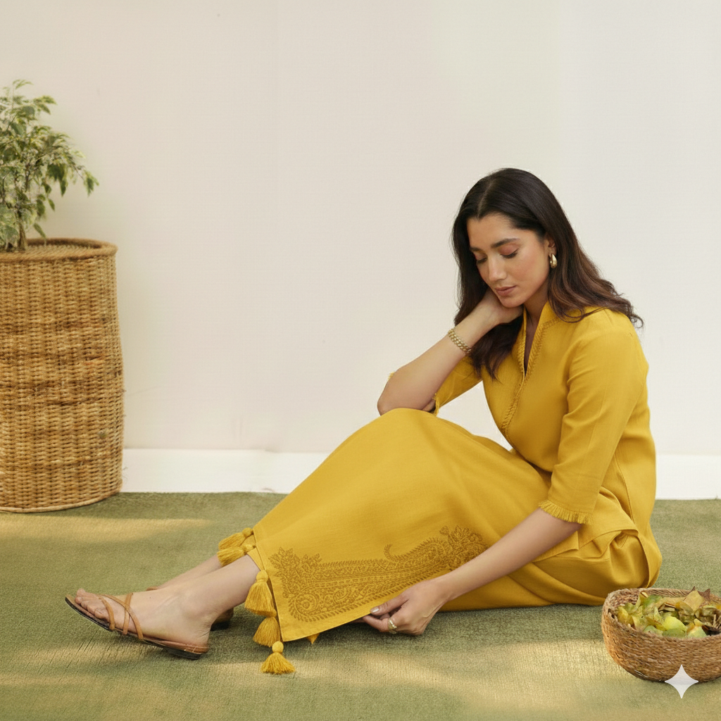 Golden Glow Lawn Suit | Chiffon Dupatta 3 Piece Dress