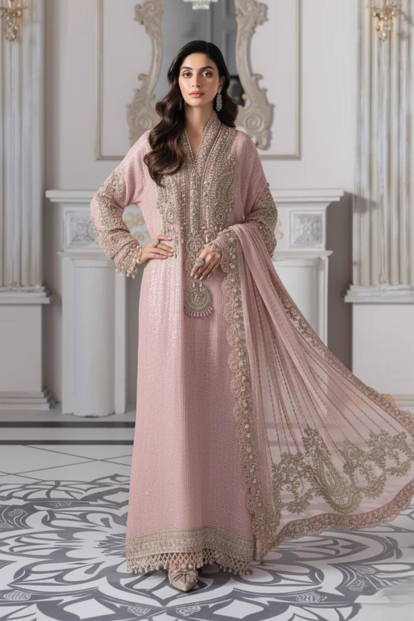 Maria.B Luxury Pure Chiffon Embroidered Unstitched 3 Piece - BD-3005 Baby Pink