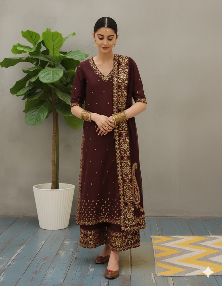 Mahroon Grace Luxury Pret | Golden Embroidery Lawn 3 Piece