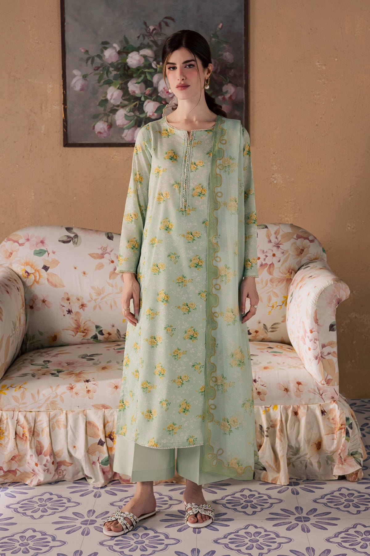Green Glaze 3Pc - Printed Lawn Dress