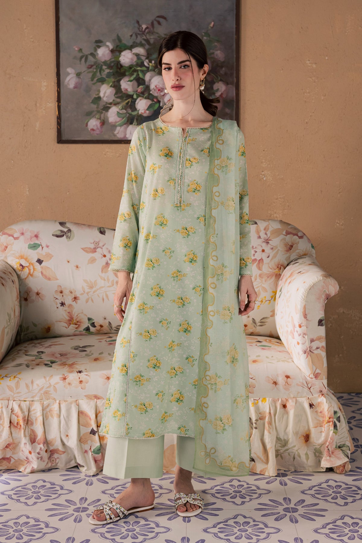 Green Glaze 3Pc - Printed Lawn Dress