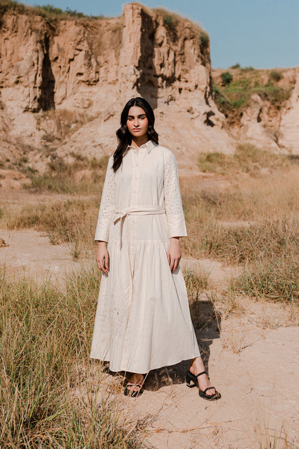 Greige Button Down Dress with Gathers - 1Pc