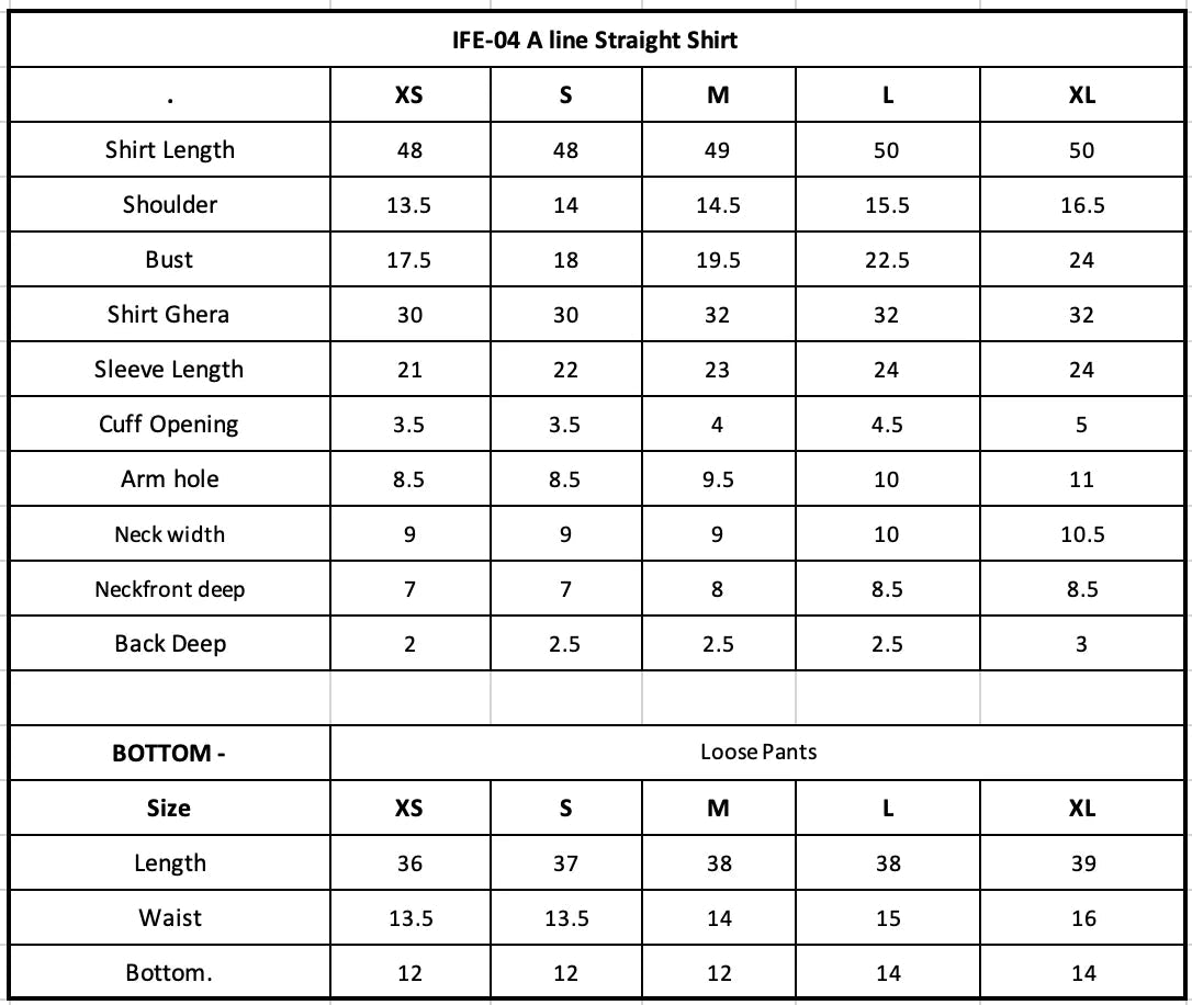 Size Chart (inches)
