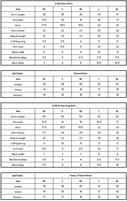 Size Chart (inches)